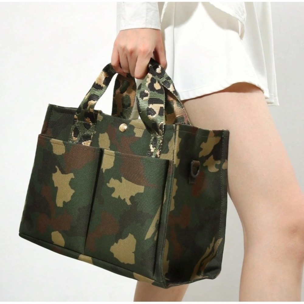 Camo Canvas Tote Bag Crossbody Handbag Leopard Print Straps Green Utility